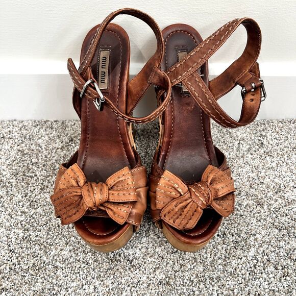 Miu Miu Bow Wood Heels Sandals Platform Shoes Studs 37 - Picture 3 of 14